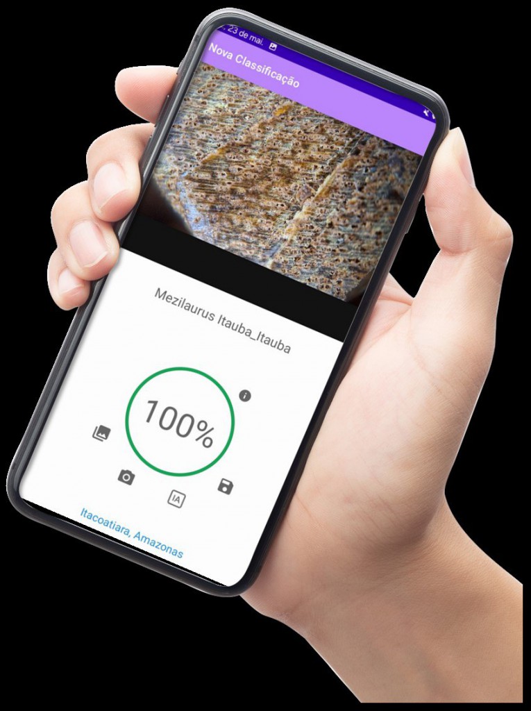 Mão segurando celular com a app Woodscan- Foto Arquivo da empresa Woodscan